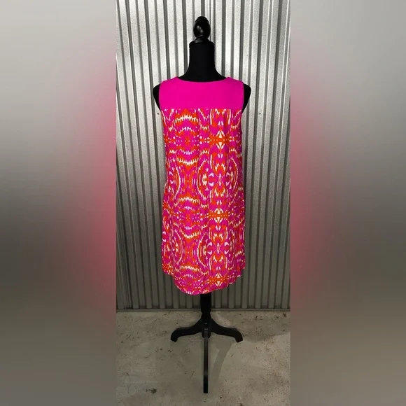 Women’s Jude Connally Pink Orange Geometric Sleeveless Midi Dress Designer Large - Picture 2 of 4